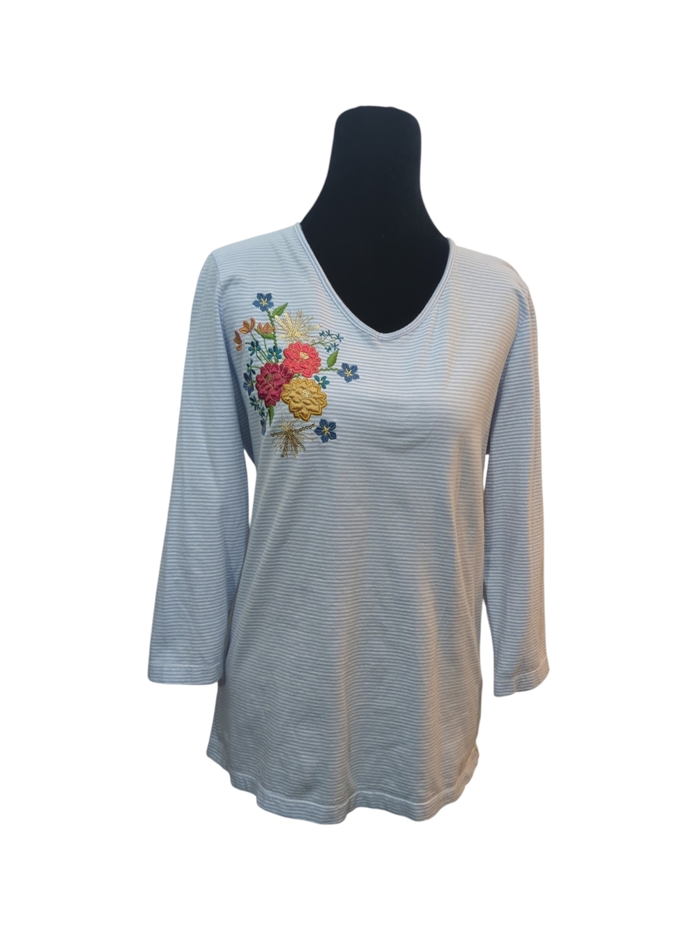Laura Scott Blue Stripe Embroidered Floral Top Size Large 100% Cotton Grandma
